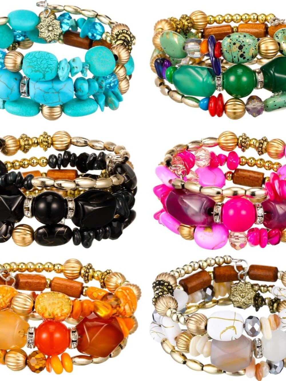6 Pcs Boho Multilayer Irregular Agate Beads Charm Bracelets Vintage Yoga Turquoi